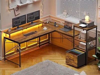 51 L Shaped Desk Home Office Desk With File Drawer LED Gaming Desk Computer Desk • $129.89