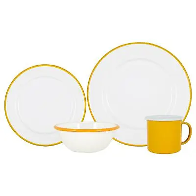 16 Piece White Enamel Dinner Set Metal Camping Plates Bowls Mugs For 4 Yellow • £36
