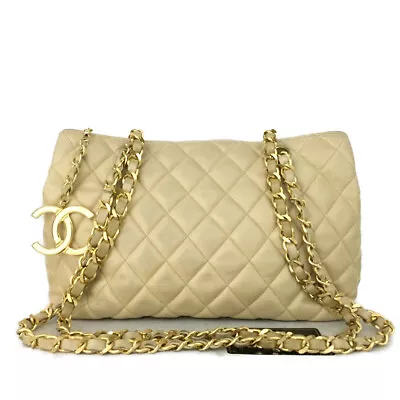 CHANEL Quilted Matelasse CC Logo Lambskin Chain Shoulder Bag Beige/9Y0941 • £213.13