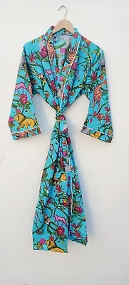 $36.29 • Buy Indian Cotton Animal Kimono Turquoise Bath Robes Night Maxi Gown Kimono Robes AU