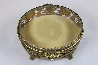 Vtg Jewelry Box Gold Tone Metal Velvet Lined Glass Top Rose/Floral Pattern • $24