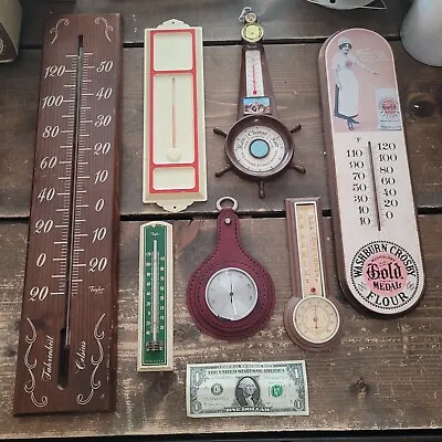 7 Vtg Wall Thermometers Barometer LOT Plastic Wood Taylor Gold Medal Advertising • $75