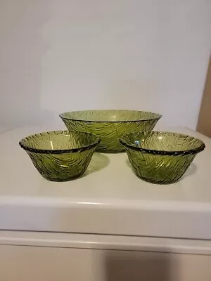 Vintage Indiana Glass Chip & Dip Bowl Set Basket Weave Pattern Avocado Green • $45