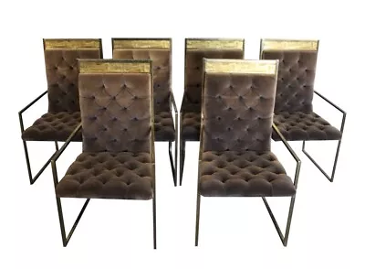 Mid-Century Signed Mastercraft B. Rohne Set Of Six Brass & Velvet Dining Chairs  • $4867.50