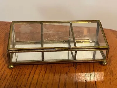 Vtg 3-Section Brass & Floral Etched Glass W/ Mirror Jewelry Display Trinket Box • $30