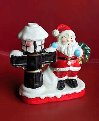 Vintage MCM 6½  SANTA Lamp Post Christmas Figurine CANDLE HOLDER Ceramic JAPAN • $45