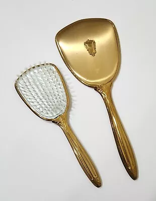 Antique Vintage Gold Tone Hand Mirror Hair Brush Gold Plated Embossed Victorian  • $49.99