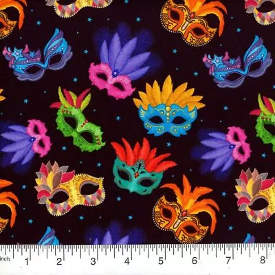 44 X 36 Mardi Gras Masks On Black 100% Cotton Digital All Over Print • $9.69