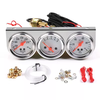 Universal 2  52mm Chrome Triple 3 Gauge Set Volt + Water TEMP + Oil Press 3-in-1 • $26.99