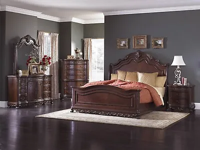 Old World Cherry Brown Bedroom Furniture - 5pc Set W/ Queen King Sleigh Bed IA5F • $3375.74