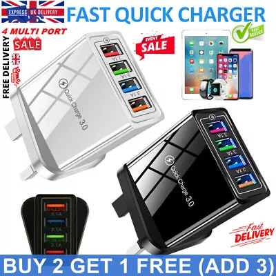 4 Multi-Port UK Plug Fast Quick Charge USB Hub Mains Adapter Wall Charger Phones • £3.97