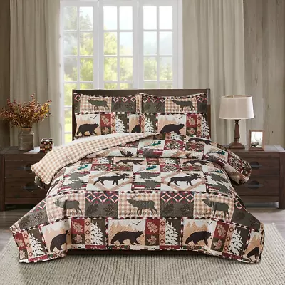 Rustic Lodge Quilt Set King Size Country Cabin Bedspread Coverlet King Moose • $56.40