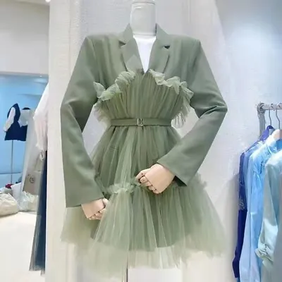 $27.65 • Buy Women Suit Collar Dress Mesh Splicing V-neck Blazer Mini Dress A-line