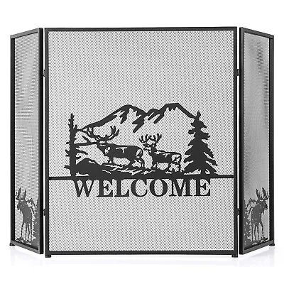 52 X 31 In Fireplace Screen 3-Panel Spark Guard W/Natural Scenery Moose Pattern • $62.99