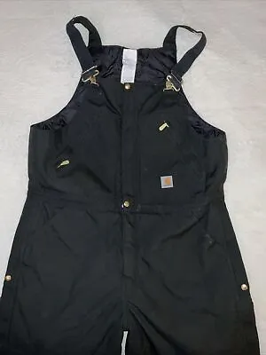 Carhartt R33 Black Canvas Zip Quilt Lined Work Bib Overalls Mens Size 38 X 32 • $89.94