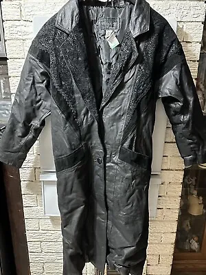 Women's Vtg MARCO MORANI Black Leather Oversize Trench Coat Jacket Size S • $35