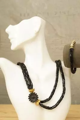 VINTAGE Lot Mourning Jewelry W Germany Black Glass Tube Bead Necklace & Bracelet • $31.31