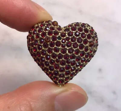 Vintage HATTIE CARNEGIE Gold Tone Red Rhinestone Heart Pin Brooch • $35