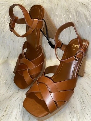$49.99 • Buy Zara Leather Platform Strappy Wooden Heeled Sandals Size 38/US7 No Box No Tag