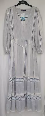 Ladies Marks And Spencer Ivory Blue & Beige Striped Maxi Beachwear Dress Size 14 • £22.50