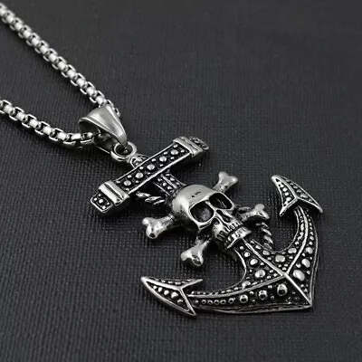 Mens Gothic Skull Anchor Pendant Necklace Punk Jewelry Stainless Steel Chain 24  • $11.99