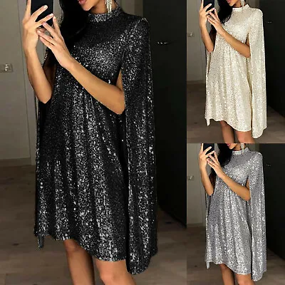 $46.99 • Buy Women Cloak Style High Neck Sequin Glitter Midi Dress Evening Party Cocktail AU