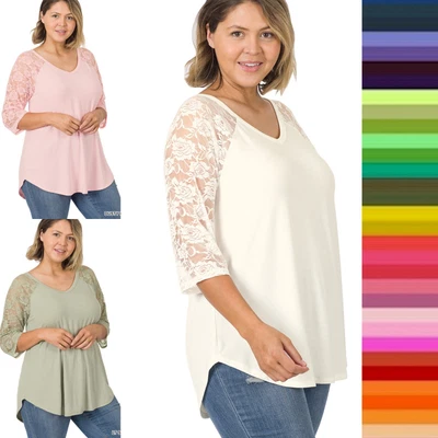 $12.79 • Buy 1X 2X 3X Plus Size Women V Neck Lace 3/4 Sleeve Round Hem Soft Stretch Rayon Top