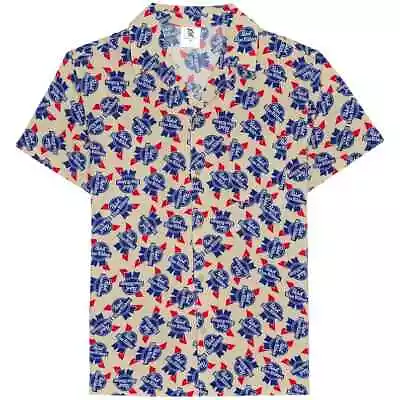 NWT Men's Pabst Blue Ribbon Allover Print Woven SS  Button-Up Shirt  LG $35+ • $22.99