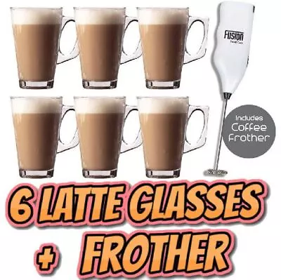 6 X Latte Coffee Glasses And Cappuccino Frother Lattes Tea Glass Cups Mugs Set • £9.50