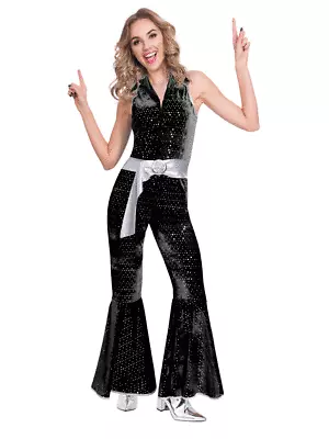 Adult 60s 70s 80s Fancy Dress Jumpsuit Costume Retro Disco Hen Night Black • £21.99