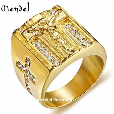 MENDEL Mens Stainless Steel Gold Plated CZ Jesus Cross Crucifix Ring Size 7 8-15 • $10.99