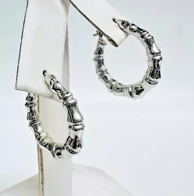 Vintage Signed ARR 14k Textured White Gold Pierced Bamboo Hoop Earrings • $299.95