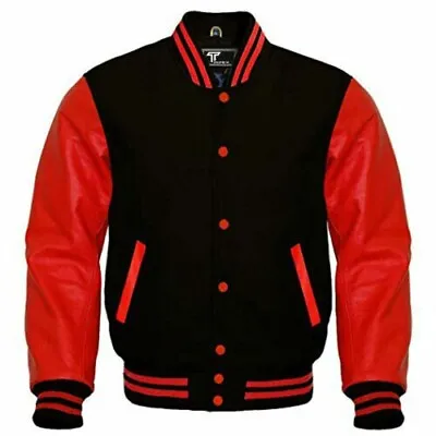 New Baseball Varsity Bomber Genuine Black Wool & Red Leather Sleeves Jackets • £79.99