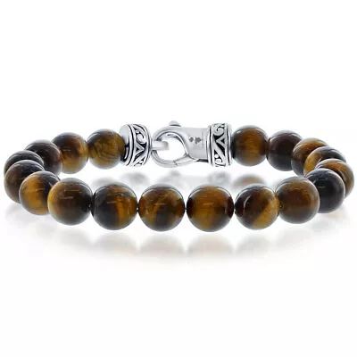 Blackjack Men's Bracelet Stainless Steel 10mm Brown Tiger Eye Beaded ST-1606 • $42.26