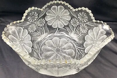 EAPG U.S Glass Co. No. 15133 Sunflower Intaglio Daisy 11  Sawtooth Bowl C.1911 • $17.10