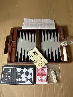 Travel Backgammon Faux Leather Case Dominoes Chess Cards 9 By 7” Brown Magnetic • $24.99