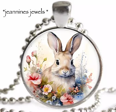 Easter Bunny Rabbit Necklace Watercolor Flowers ART PRINT Silver Charm Pendant • $21.99