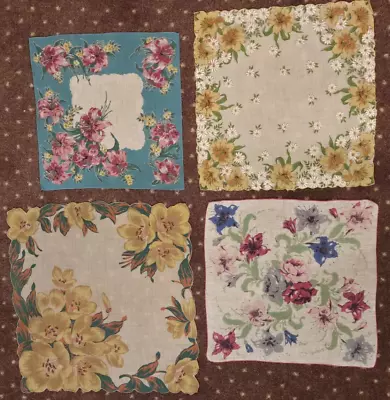 4 Vintage Floral HANKIES LILIES Cotton Special Edges Pink Yellow Blue  Sq 12-15  • $16.95