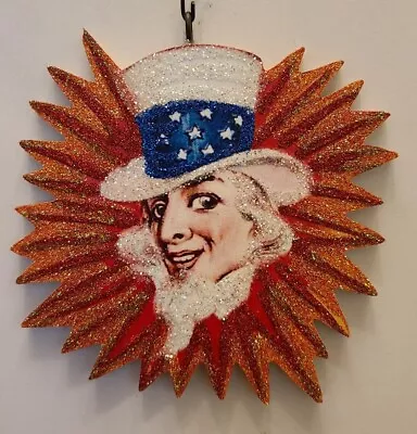 UNCLE SAM In FIREWORKS BURST  *  Glitter JULY 4th PATRIOTIC ORNAMENT * Vtg Img • $10.50