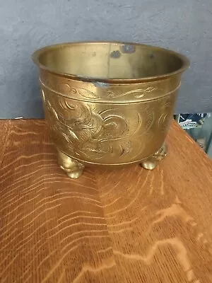 Antique Chinese Brass Vessel Planter Reposse Flower Pot  Dragon Design Foo Dog  • $75