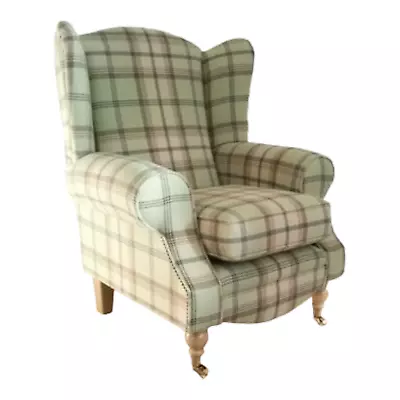 Wing Back Fireside Queen Anne  Chair Balmoral Sage Tartan Fabric Light Wood Legs • £479