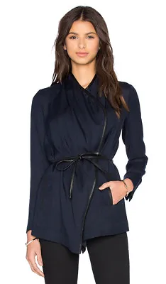 NEW $400+ Vince Leather Trim Drape Neck Jacket Coat Sexy Coastal Blue Size 0 • $129.99