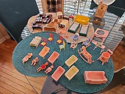  Renewal Pink  Plastic Doll House Furniture Also Acme Plasco & Dolls Vtg 40 Pcs  • $50