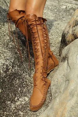 Women Roman Lace Up Over Knee Boots Retro Moccasins Flat Heel Casual Rider Boots • $48.99