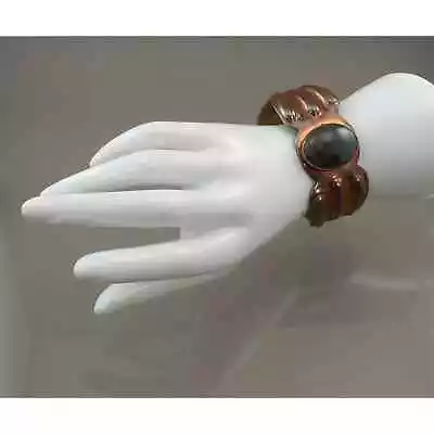 Vintage Navajo Native American Cuff Bracelet Copper Green Stone D Arrowhead Mark • $75