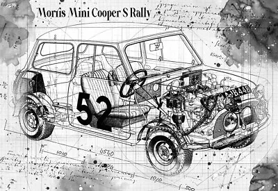 Line Tech Drawing  Morris Mini Cooper S Rally   Classic Cutaway Art Poster Print • £8.99