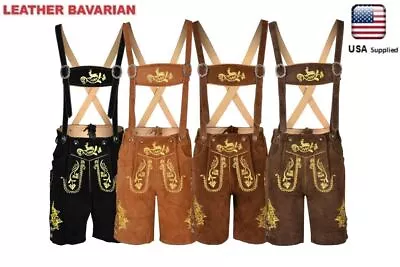 Men Bavarian Oktoberfest Lederhosen German Cowhide Real Leather Matching Short • $79.99