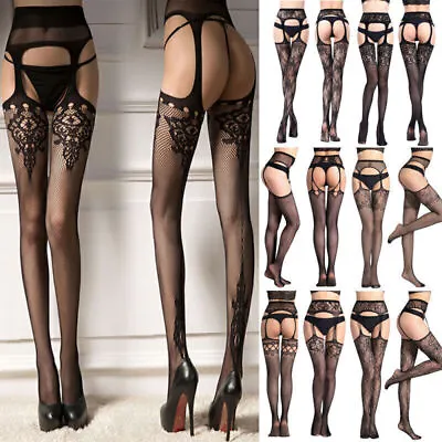 Womens Sexy Floral Crotchless Stockings Ladies Black Suspender Fishnet Tights • £4.69