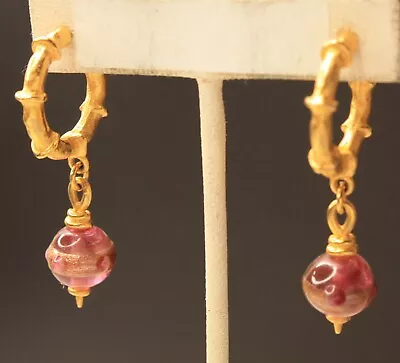 Vintage Estate Bamboo Hoop Gold Tone Earrings Dangle Art Glass Beads - Pierced • $18.99