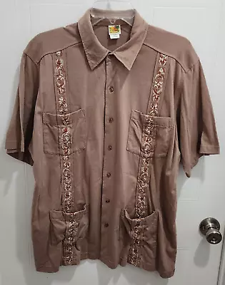 The Genuine Haband Guayabera Brown Cuban Short Sleeve Button Up Shirt Size L • $15.99